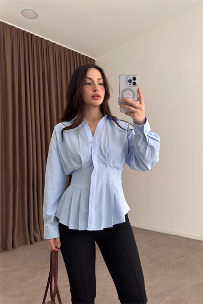 Zra Model Pileli Bel Oturtmalı Mavi Gömlek