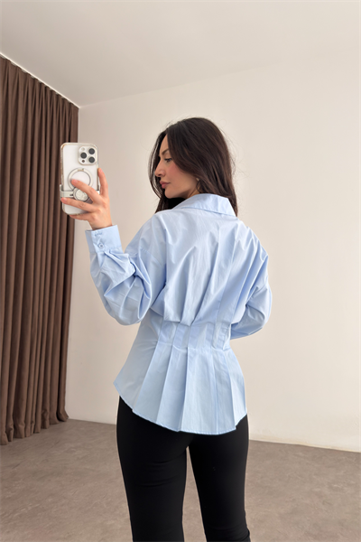 Zra Model Pileli Bel Oturtmalı Mavi Gömlek