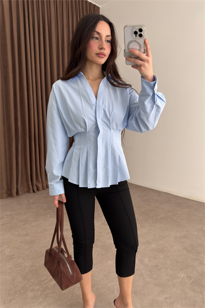 Zra Model Pileli Bel Oturtmalı Mavi Gömlek