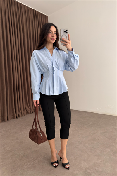 Zra Model Pileli Bel Oturtmalı Mavi Gömlek