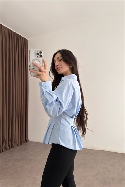 Zra Model Pileli Bel Oturtmalı Mavi Gömlek