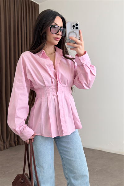 Zra Model Pileli Bel Oturtmalı Pembe Gömlek