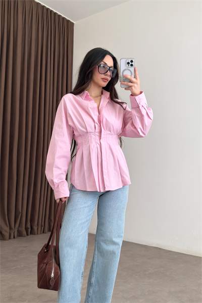 Zra Model Pileli Bel Oturtmalı Pembe Gömlek