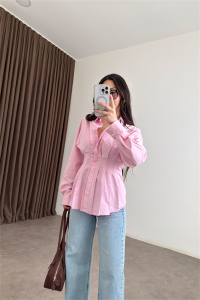 Zra Model Pileli Bel Oturtmalı Pembe Gömlek