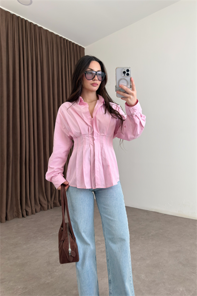 Zra Model Pileli Bel Oturtmalı Pembe Gömlek