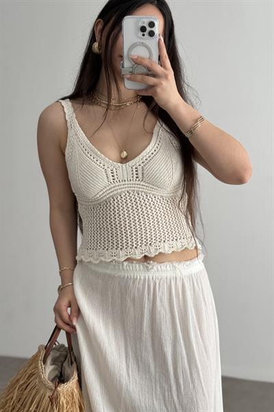 Zra Örgü File Detaylı Ekru Top