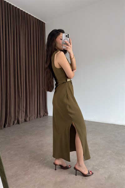 Zra Orijinal Beli Gold Tokalı Yeşil Elbise