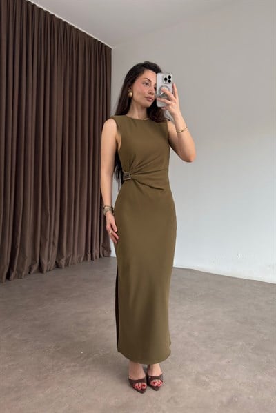 Zra Orijinal Beli Gold Tokalı Yeşil Elbise