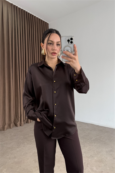 Zra Orijinal Gold Düğmeli Acı Kahve Tok Saten Gömlek