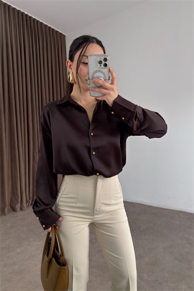 Zra Orijinal Gold Düğmeli Acı Kahve Tok Saten Gömlek