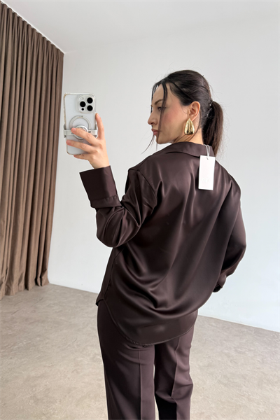 Zra Orijinal Gold Düğmeli Acı Kahve Tok Saten Gömlek