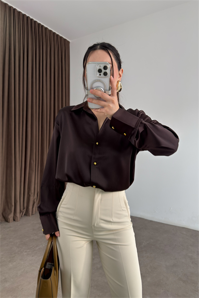 Zra Orijinal Gold Düğmeli Acı Kahve Tok Saten Gömlek