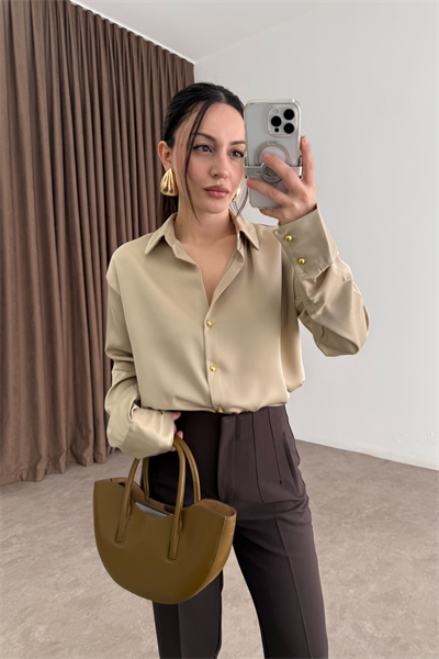 Zra Orijinal Gold Düğmeli Bej Tok Saten Gömlek