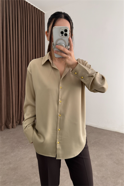 Zra Orijinal Gold Düğmeli Bej Tok Saten Gömlek
