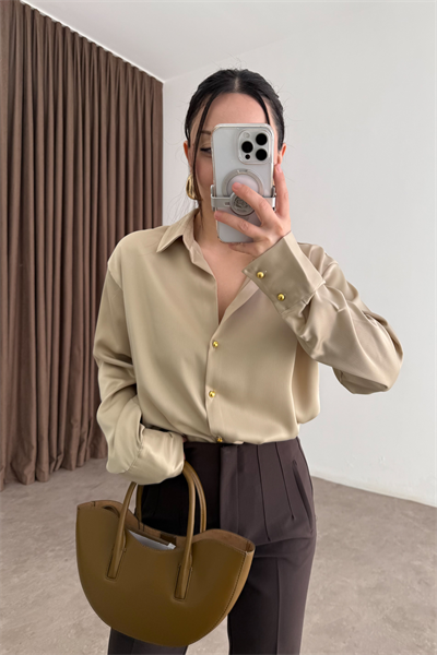 Zra Orijinal Gold Düğmeli Bej Tok Saten Gömlek