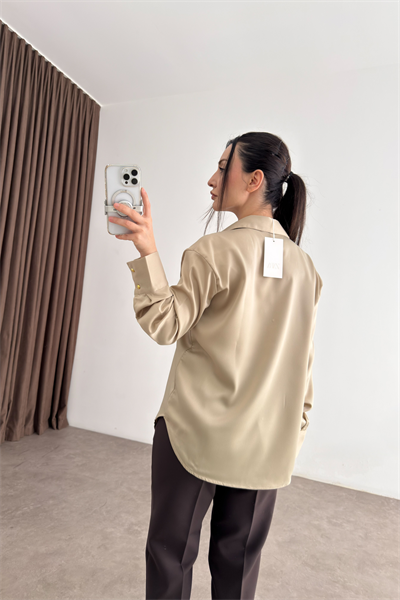 Zra Orijinal Gold Düğmeli Bej Tok Saten Gömlek