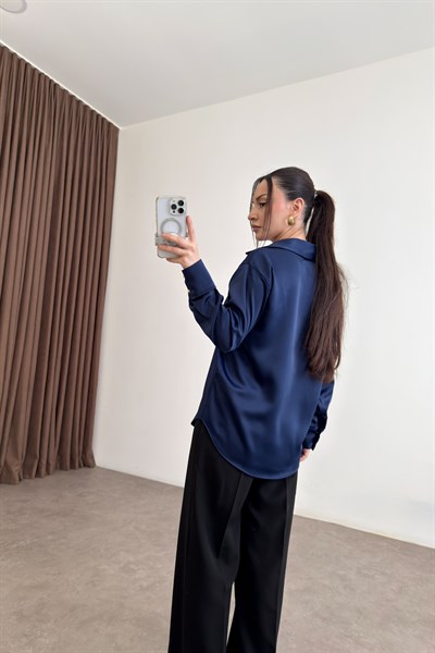 Zra Orijinal Gold Düğmeli Lacivert  Tok Saten Gömlek