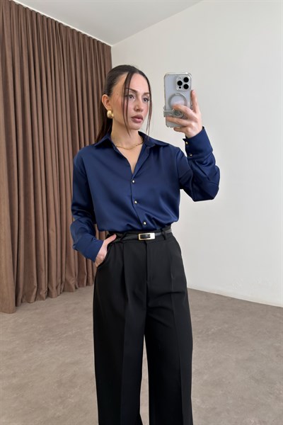 Zra Orijinal Gold Düğmeli Lacivert  Tok Saten Gömlek