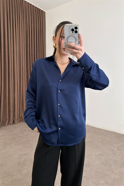 Zra Orijinal Gold Düğmeli Lacivert  Tok Saten Gömlek