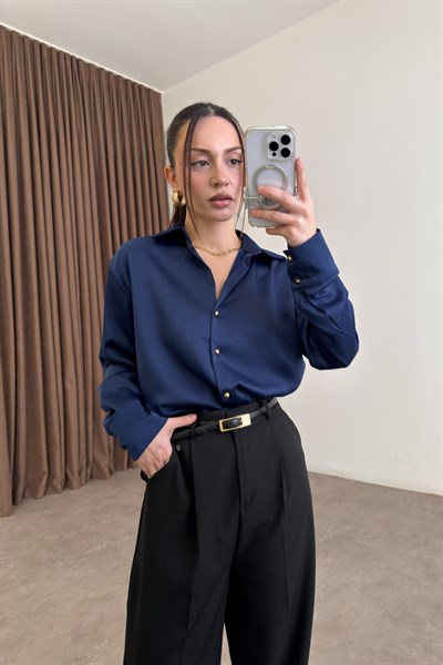 Zra Orijinal Gold Düğmeli Lacivert  Tok Saten Gömlek