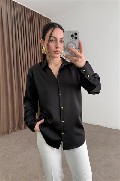Zra Orijinal Gold Düğmeli Siyah  Tok Saten Gömlek