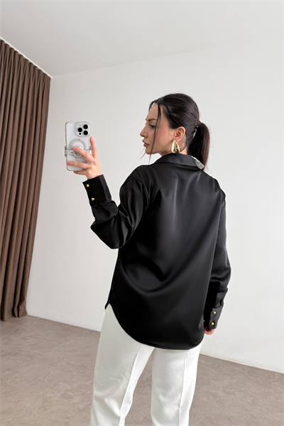 Zra Orijinal Gold Düğmeli Siyah  Tok Saten Gömlek