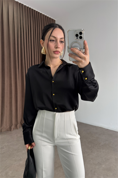 Zra Orijinal Gold Düğmeli Siyah  Tok Saten Gömlek