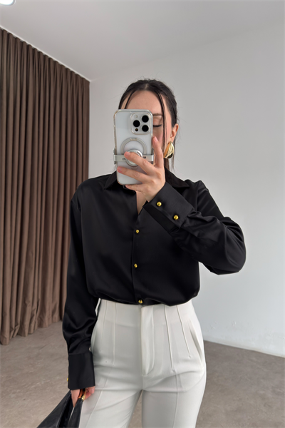 Zra Orijinal Gold Düğmeli Siyah  Tok Saten Gömlek