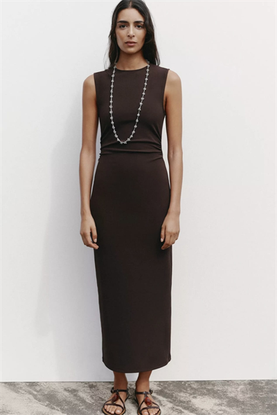 Zra Orijinal Gold Toka Detaylı Kahve Elbise