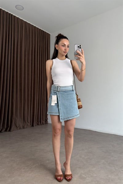Zra Orijinal Kemerli Light Blue Denim Şort Etek