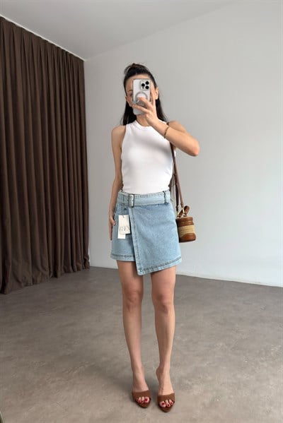 Zra Orijinal Kemerli Light Blue Denim Şort Etek