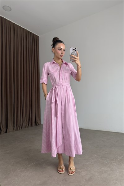 Zra Orijinal Pembe Çizgili Uzun Gömlek Elbise