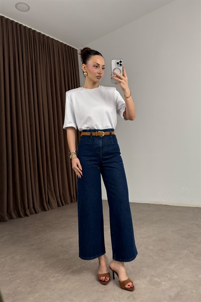 Zra Orijinal Wide Leg Kemerli Koyu Mavi Jean