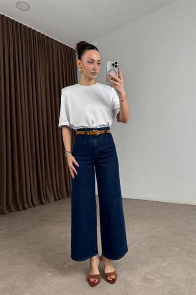 Zra Orijinal Wide Leg Kemerli Koyu Mavi Jean