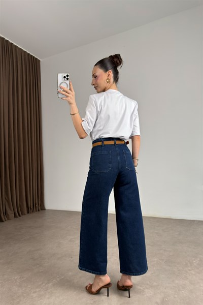 Zra Orijinal Wide Leg Kemerli Koyu Mavi Jean