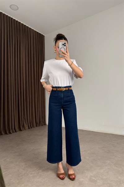 Zra Orijinal Wide Leg Kemerli Koyu Mavi Jean