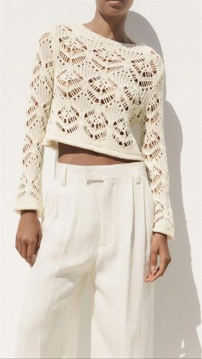 Zra Orj. Örgü File Detaylı Krem Kazak 