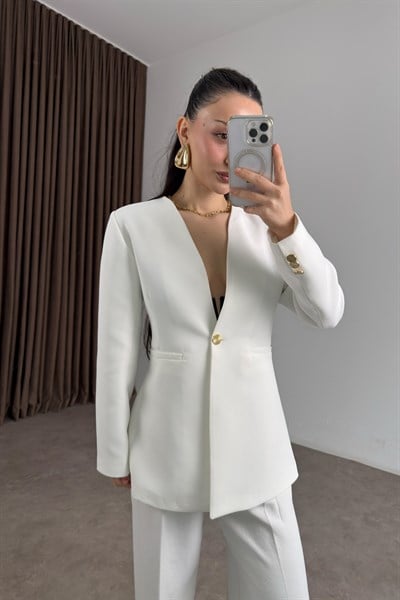 Zra Orj. Gold Düğmeli Beyaz Blazer Ceket 