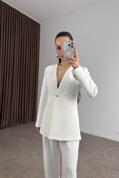 Zra Orj. Gold Düğmeli Beyaz Blazer Ceket 