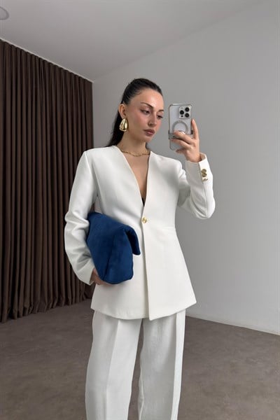 Zra Orj. Gold Düğmeli Beyaz Blazer Ceket 