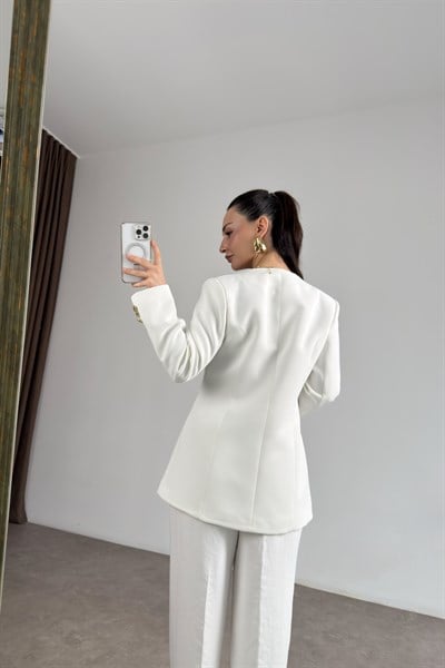Zra Orj. Gold Düğmeli Beyaz Blazer Ceket 