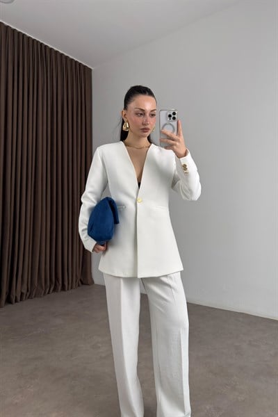 Zra Orj. Gold Düğmeli Beyaz Blazer Ceket 