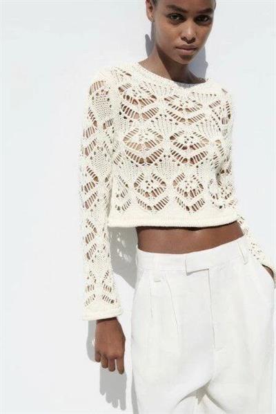 Zra Orj. Örgü File Detaylı Krem Kazak 