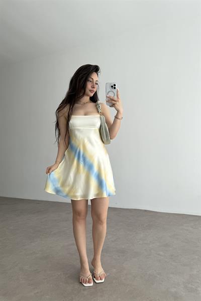 Zra Orj. Sarı Mavi Geçişli Askılı Mini Elbise 