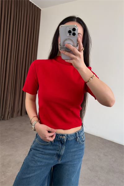 Zra Orj. Dik Yakalı Kırmızı Triko Bluz 