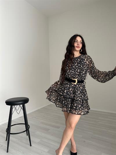 ZRA Orj. Gold Floral Şifon Elbise