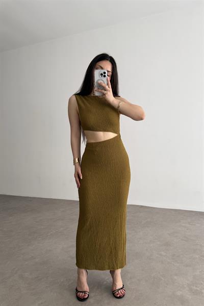 Zra Orj. Yağ Yeşili Pencere Dekolteli Midi Elbise