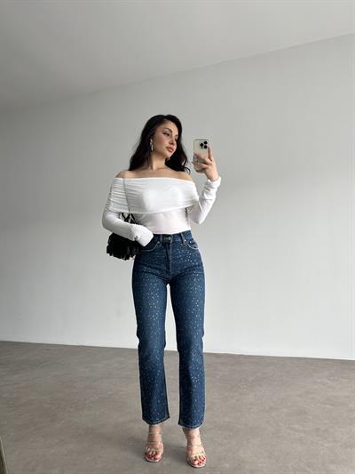 ZRA Orj. Taşlı Mom Mavi Jean