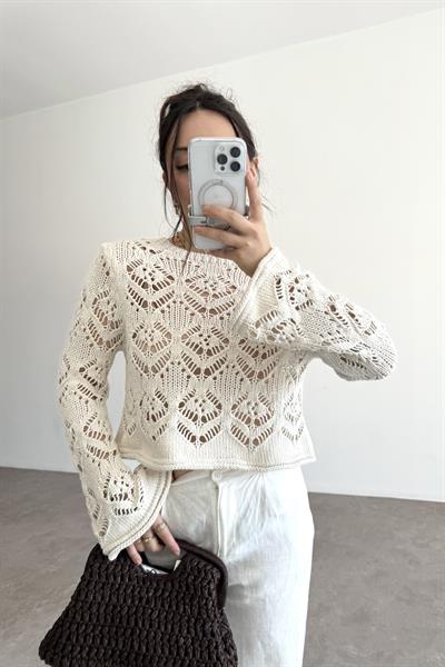 Zra Orj. Örgü File Detaylı Krem Kazak 