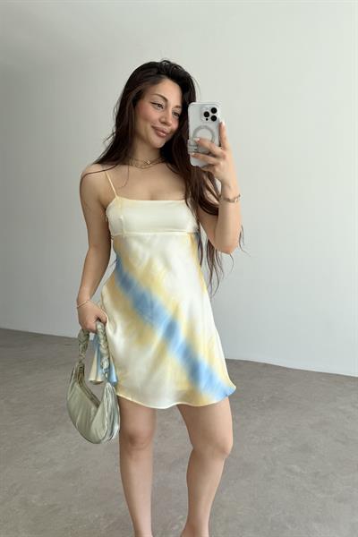 Zra Orj. Sarı Mavi Geçişli Askılı Mini Elbise 